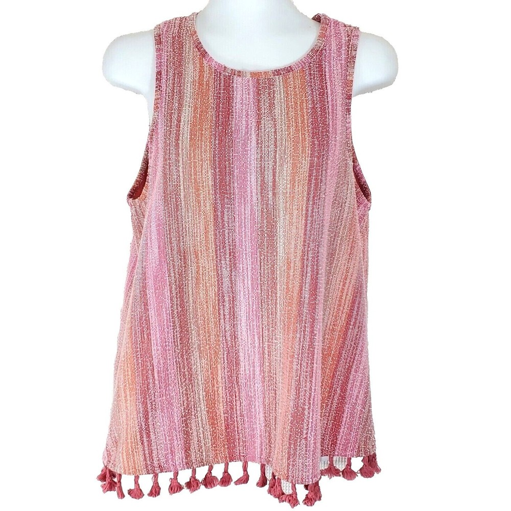 W5 Top Small Striped Tunic Tank Swing Tassel Trim Sleeveless Pink Red Boho